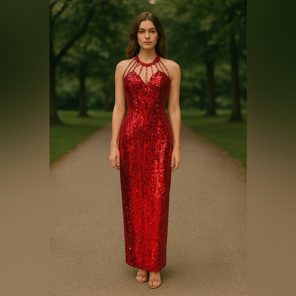 Vintage Niteline Della Roufogali Red Sequin Beaded Gown Maxi Dress Size 12